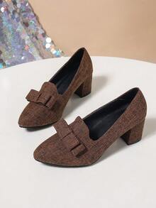 Giày cao gót nữ màu trơn với nơ dày trang trí, kiểu dáng thanh lịch và thoải mái, mũi nhọn, dễ xỏ, giày công sở thời trang, gót trung bình, phù hợp cho mọi mùa, dự tiệc, đám cưới. - màu nâu - Xem 5