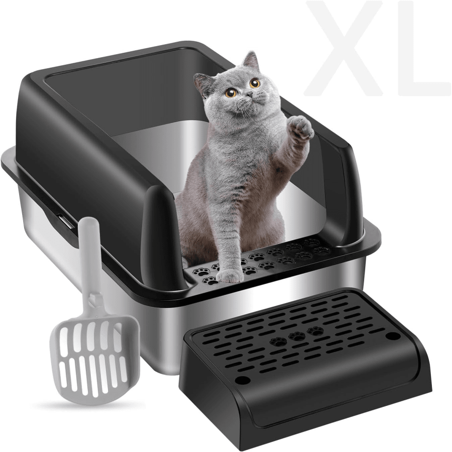 Stainless Steel Cat Litter Box With Lid Footboard,Metal Extra Large Litter Box Self Cleaning,High Side Enclosure C...