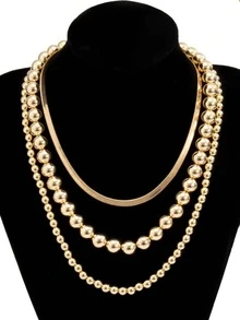3pcs Beaded Chain Necklace Set For Women, Simple Style Jewelry Gift - Gold Punk Three-piece Set - View 5
