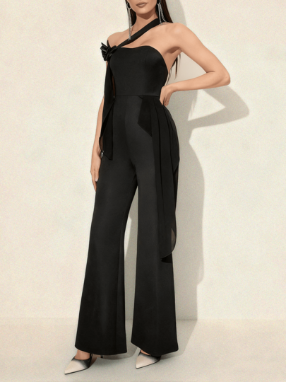 Damen Kleid mit einem Träger und 3D Blumen Patchwork Dekor, körperbetonter Schlaghose, Outfit für den Schulanfang