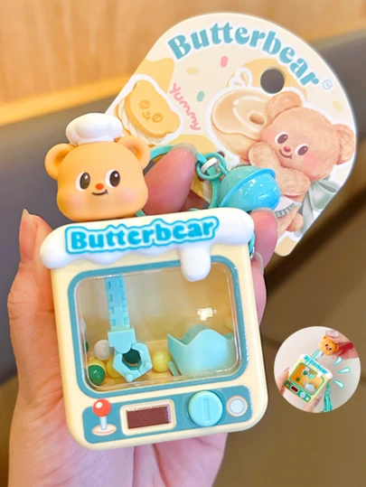 Butterbear Chef Claw Machine Keychain – 3D Bear Head + Blue Bell, Kawaii Cartoon Charm with Interactive Game Design, Bag/Keys/Backpack Decor, Women/Girls Cute Accessory, Aesthetic Keyring, Novelty Gift for Keychain Lovers