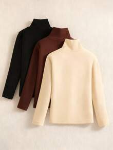 3 件女童纯色高领长袖保暖打底 T 恤，秋冬