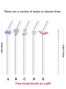 1-5pcs/Set Reusable Glass Straws With Sweet Purple - Themed Accents (Bear, Bow,Heart), Aesthetic Drinkware For Iced Drinks, Afternoon Tea, Milkshakes, Smoothies, Sparkling Water, Milk Tea, Juices And Other Cold Drinks. Ideal For Beach Parties, Outdoor Picnics, Dessert Shops, Snack Bars, Party Supplies, Family Gatherings, Kid-Friendly Parties, Valentine's Day, Back-To-School Season.Refreshing, Perfect Gift For Girls. - Style C - View 8