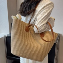 Commercial Large Capacity Straw Bag For Casual Holidays, Beach, Portable, New Fashion Woven Shoulder Bag - 卡其色 - 查看 1