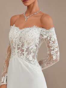 Elegant A-Line Off-The-Shoulder Wedding Dress With Detachable Court Train And Delicate Lace Chiffon Fabric | Stunning Bride Gown Adorned With Sparkling Sequins And Romantic Details, Perfect For Civil Ceremonies, Beach Weddings, Romantic Dates, Birthday Parties, Singles' Socials, Prom Nights, Anniversary Celebrations, Vacation Getaways, Cocktail Events, Graduation Banquets, And Formal Occasions | This Figure-Flattering Floor-Length Dress Is Designed In Size XS And Beyond With A Feminine Silhouette, Offering Timeless Elegance For Church Gatherings, Garden Receptions, Evening Galas, Photoshoots, And Creating Unforgettable Fashion Moments As A Bride, Bridesmaid, Or Wedding Guest. - 白色 - 查看 3