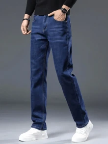 Pantalones casuales rectos regulares para hombres, jeans semi-formales chic para negocios - Azul - Ver 5