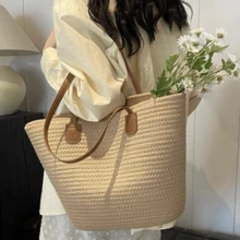 Commercial Large Capacity Straw Bag For Casual Holidays, Beach, Portable, New Fashion Woven Shoulder Bag - 卡其色 - 查看 2