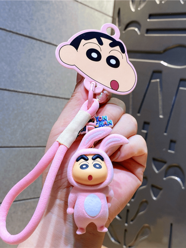 Crayon Shinchan Pink Rabbit Keychain Set – 3D Cartoon Shinchan Figure, Pink Rabbit Outfit, Big Eyes/Shy Smile, Pink Rope + Flat Head Charm, Metal Hook + Soft Polyester, Women/Girls Cute Accessory, Bag/Keys Decor, Anime Fan Gift, Kawaii Charm