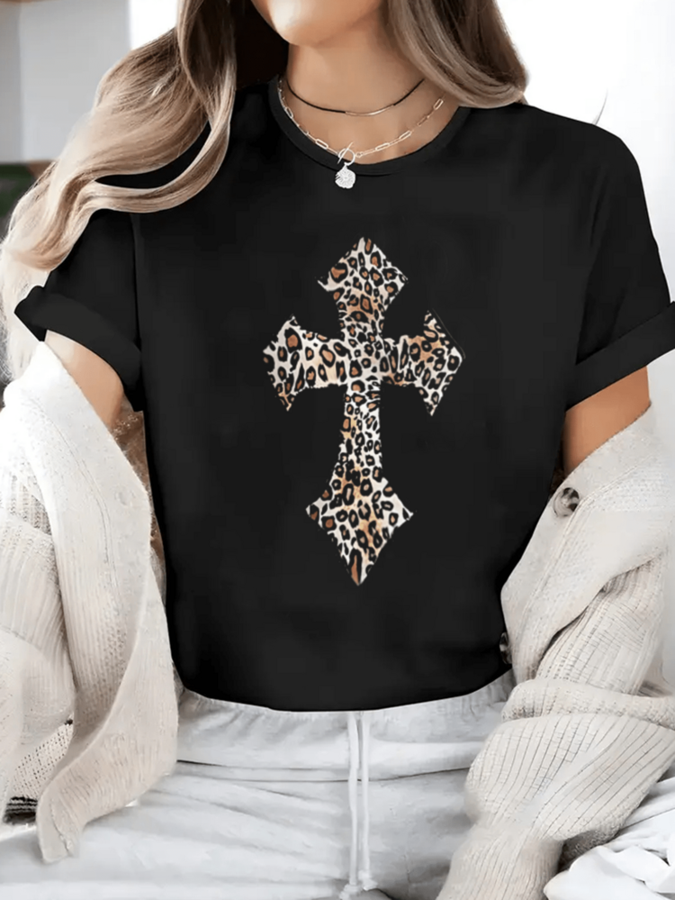 Playera con cruz de estampado leopardo, estilo boho chic. Camiseta casual de manga corta de algodón puro y suave, 220 gramos por metro cuadrado - Negro - Añade 1