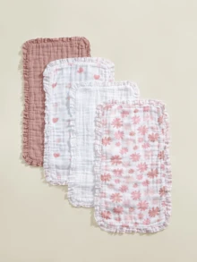 2条装Oeko-Tex认证柔软舒适心形花卉图案围兜/拍嗝巾，四季皆宜，新生儿及婴儿护理 - 彩色 - 查看 4