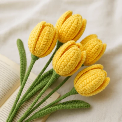 onEternal 手工钩织郁金香花枝永生花针织花家居装饰礼品花束