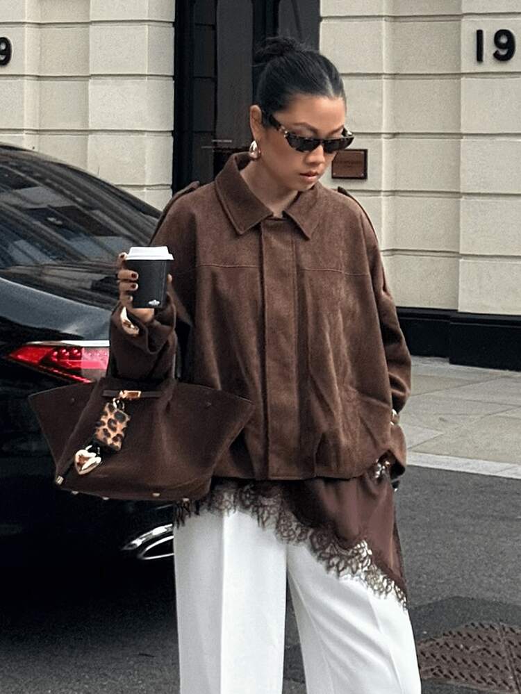 HZXVIC Damjacka i mockafleece, avslappnad och bekväm, ny höstkollektion - Kaffebrun - Visa 10