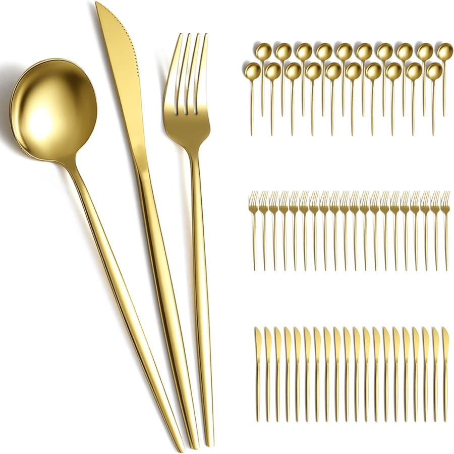 Gold Cutlery Set 60 Piece Service For 20, Titanium Gold Plated Stainless Steel Flatware Set, Knives Forks Spoons Cu...