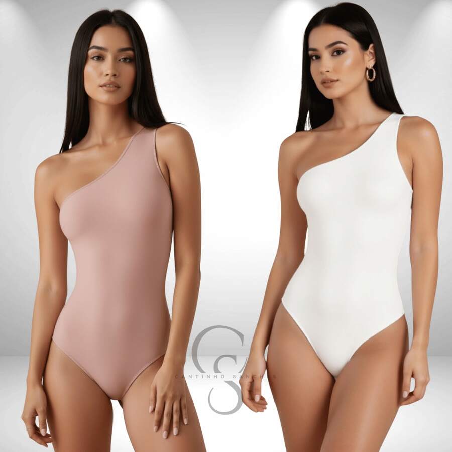 SET OF 2 Women's Bodysuits In Suplex Fabric, One-Shoulder Style, With Lining, Thin Straps, And A One-Shoulder Design. - WHITE aND LIGHT PINK - View 1