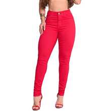 Women's High-Waisted Jeans In Lycra And Elastane, Traditional Colored, Simple, Casual, Zipper, Pocket, Button Closure, For Work, Evening, Vacation, Daily, Summer, Spring. - Red - View 3