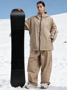 一件男女通用滑雪服/外套，女士冬季连帽登山服，带透气腋下拉链和防丢拉链口袋，男士单板滑雪户外外套，适合户外活动和冬季滑雪，结构加固，功能性滑雪装备，耐用雪地装备，女士滑雪服 - 卡其色 - 查看 4