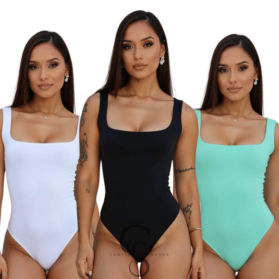 SET OF 3 SQUARE NECKLINE LINING SUPLEX BODYSUITS (TANK STYLE) - PRET 白色和水綠色 - 查看 1