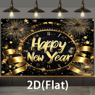 2d Flat Banner 1pc New Year's Happy Party Banner, With Clock Design, Golden Fireworks And Star Polyester Background, Suitable For Family And Garden Celebration Photos