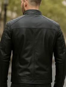 Autumn/Winter Slim Fit Leather Jacket - 黑色 - 查看 3