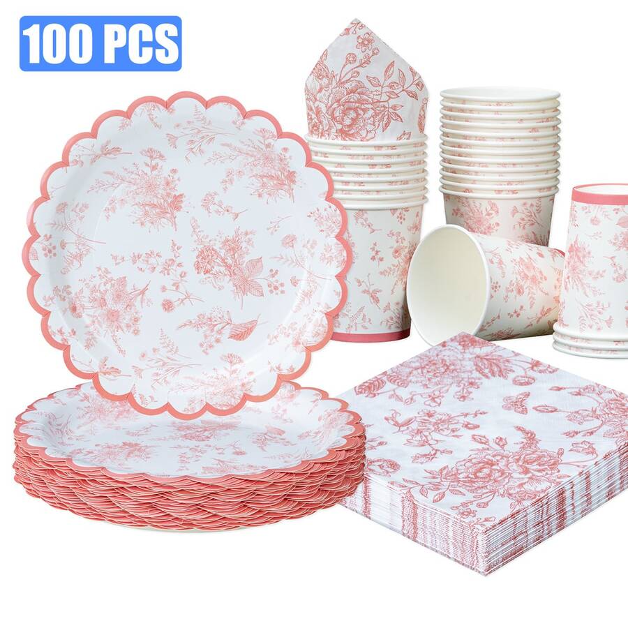 100pcs Pastel Pink Chinoiserie Floral Shaped Party Tableware Set, 7/9 Inch Disposable Paper Plates, Cups And Napkins, Pink Chinoiserie Theme Paper Plates, Birthday Decor Party Supplies - Multicolor - View 1