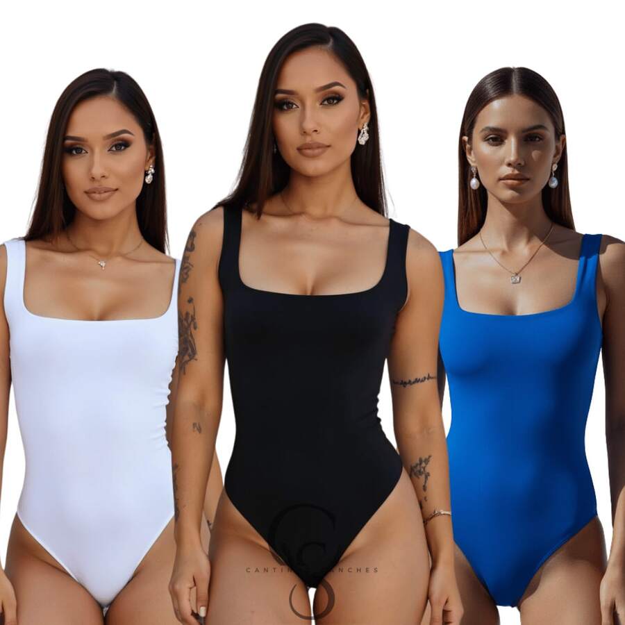 SET OF 3 SQUARE NECKLINE LINING SUPLEX BODYSUITS (TANK STYLE) - 黑白色和寶藍色 - 查看 1