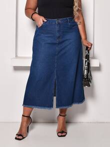 Plus Size Long Skirt With Slit And Pockets - Rửa tối - Xem 2