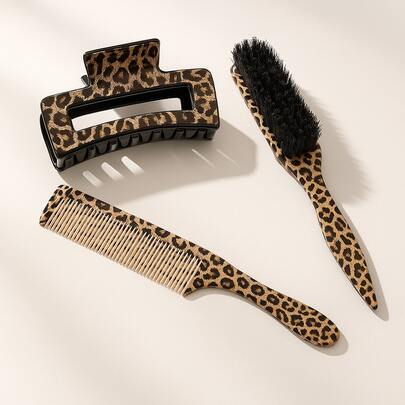Ensemble 3-en-1 imprimé léopard, 3 pièces, convient aux cheveux longs et bouclés, facile à peigner, en plastique résine, outil de coiffure