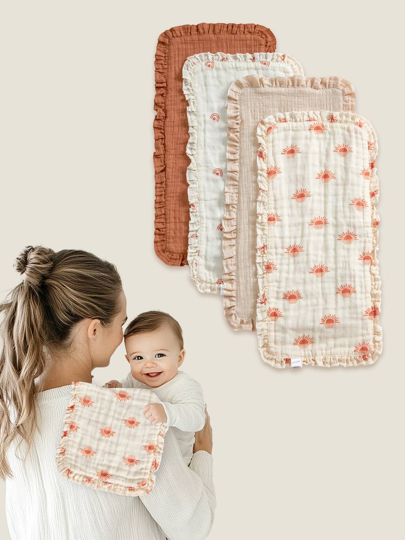 2条装Oeko-Tex认证柔软舒适蕾丝边围兜/拍嗝巾，四季皆宜，新生儿及婴儿护理 - 彩色 - 查看 1