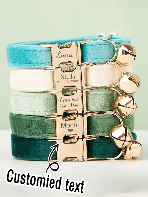 Customized Luxury Velvet Green & Blue Personalized Cat Collar With Bow Tie Leash Set, Customized Pet Name Tag, Pet Gift, Best Gift For Pet Lovers, Pet ID Tag Gift, Christmas Pet Gift, Pet Birthday Gift