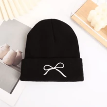 1 Pc Embroidered Bow Beanie Hat, 3D Bowknot Design, Soft Knit Warm Skull Caps For Winter, Unisex, Black & White Set - Multicolor - View 16