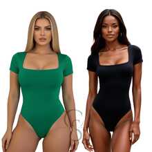 Set Of 2 Women's Square Neck Short Sleeve Bodysuits In Elegant Premium Lined Spandex - BLACK aND GREEN FLAG - View 1