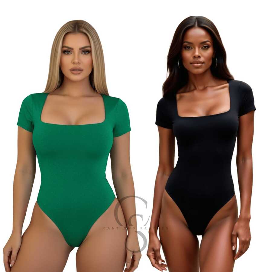 Set Of 2 Women's Square Neck Short Sleeve Bodysuits In Elegant Premium Lined Spandex - BLACK aND GREEN FLAG - View 1
