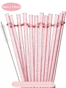 12Pcs Reusable Plastic Straws - Colorful Pink Long Hard Cup Drinking Straws With Flashing Decorations, Compatible With Stanley 30 Oz Cup Tumbler
