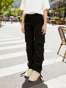 Cargo Pants For Women Casual High Waisted Solid Color Pants Baggy Y2k Straight Wide Leg Pants With Pockets Streetwear Sweatpants - 黑色 - 查看 9