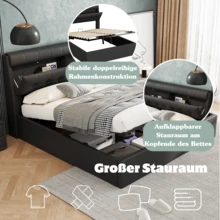 Elegant Upholstered Bed, 140 X 200 Cm, Hydraulic Bed, Concealed Headboard Storage, Slatted Base, PU, With Slatted Base And Headboard, Without Mattress, Black - Black - View 4