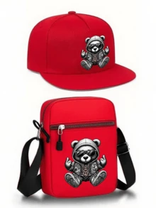 1pc/2pcs Cool Bear Design Printed Y2K Streetwear Baseball Cap & Crossbody Bag Set, Adjustable Unisex Snapback Hat & Shoulder Bag, Gift For Yourself And Friends - Black - View 18