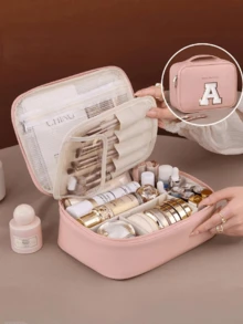 Premium Pu Travel Cosmetic Bag, With Embroidered Letters On Towels A-Z Cosmetic Storage Bag, Large Capacity Multi-Layer Cosmetic Bag, Zipper Pouch, Multifunctional Waterproof Portable Travel Organizer, Makeup Brush Set, Cosmetics Organization And Storage, Travel Accessories, Cruise Essentials