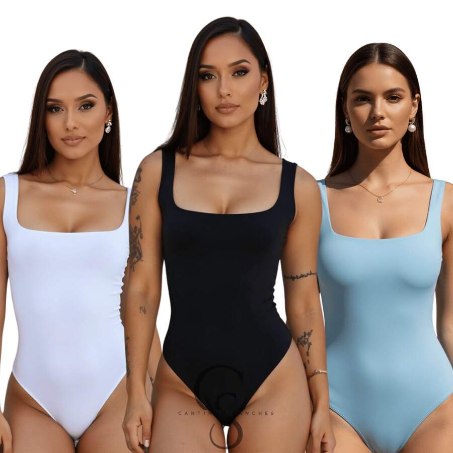 SET OF 3 SQUARE NECKLINE LINING SUPLEX BODYSUITS (TANK STYLE) - BLACK WHITE aND BABY BLUE - View 1