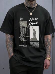 Men's Cotton Graphic Print TShirt Casual Streetwear Tee With New York Statue Design Soft Breathable Short Sleeve Top Ideal Daily Wear Fashion Outfit