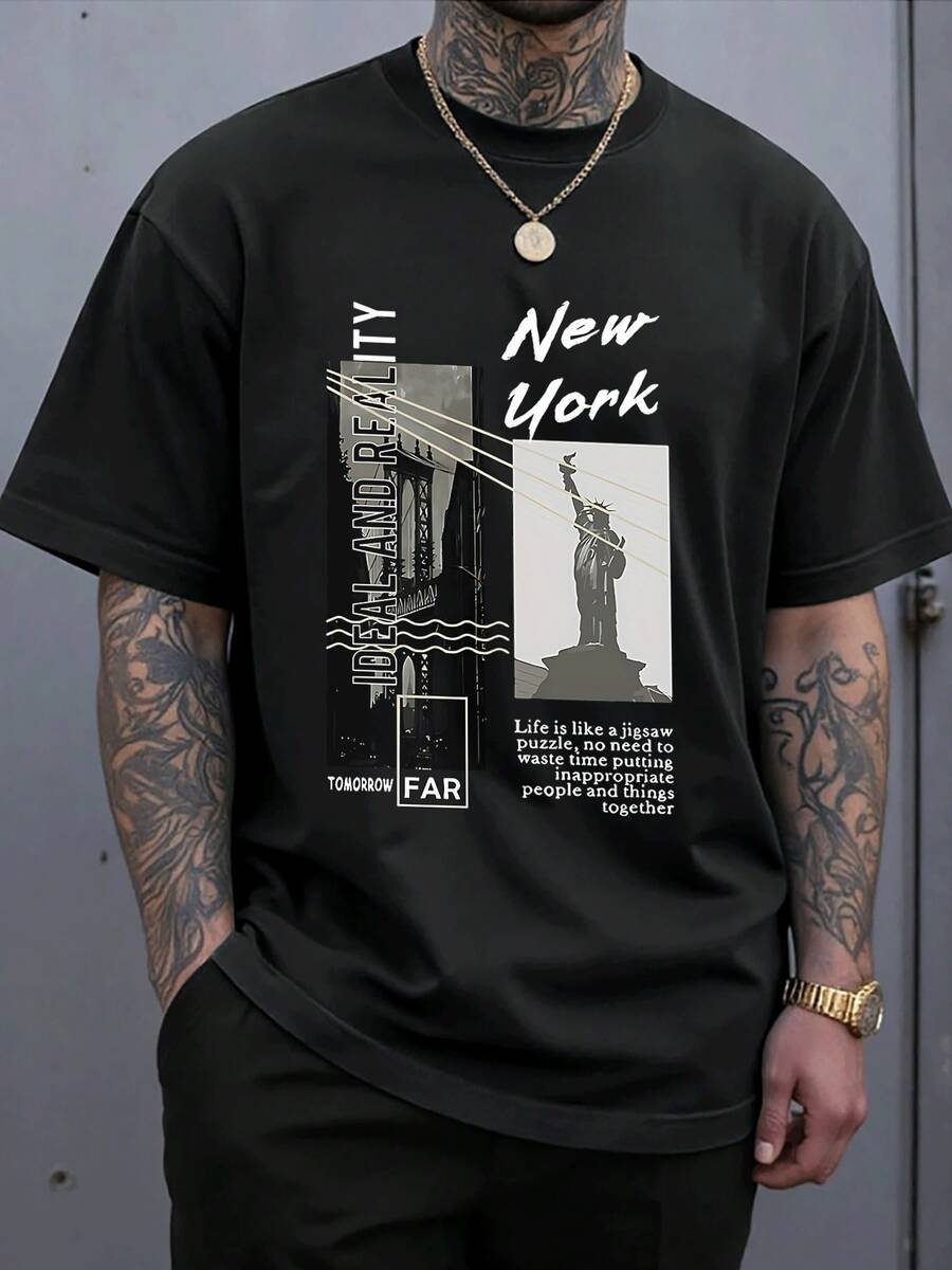 Men's Cotton Graphic Print TShirt Casual Streetwear Tee With New York Statue Design Soft Breathable Short Sleeve Top Ideal Daily Wear Fashion Outfit