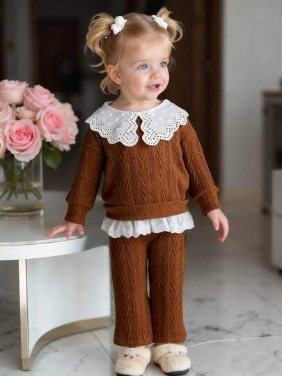 Girls Sweet Casual Long Sleeve Set, Ruffle Peter Pan Collar 2 In 1 Top Paired With Straight Wide Leg Pants, Everyday Wear For Autumn/Winter