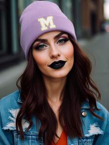 1pc Unisex Personalized Embroidered A-Z Letter Elastic Knit Beanie Hat, Fashionable Streetwear Knit Cap, Suitable For Autumn/Winter Daily Wear - Purple - View 5