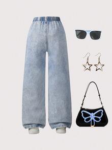 1pc Girls Casual Street Style Comfortable Butterfly Print Pattern Denim Jeans, Suitable For Spring & Autumn