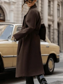 Women's Long Sleeve Belted Wrap Midi Coat With Collar And Pockets, Autumn/Winter