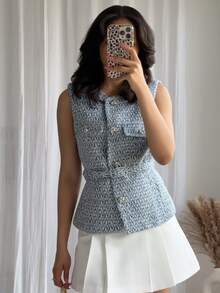 GMFP 女士优雅无袖亮片装饰背心外套，单排扣，串珠腰带，柔软斜纹软呢面料，天蓝色，适合新年/情人节穿着 - 淺藍色 - 查看 5