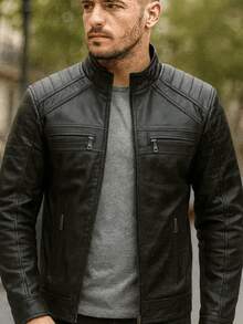 Autumn/Winter Slim Fit Leather Jacket - 黑色 - 查看 4