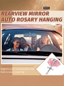 1 قطعة زخرفة صليب مزينة بالخرز على شكل وردة وردية، ديكور أنيق معلق على مرآة السيارة، إكسسوار داخلي للسيارة، سوار