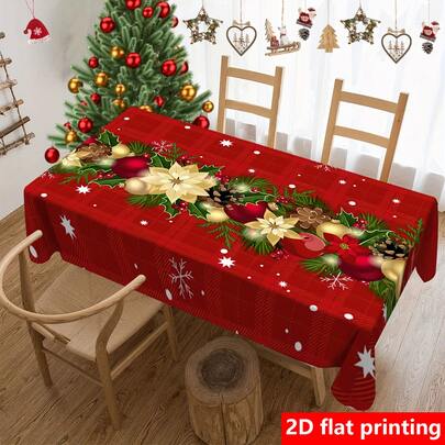 1 szt. Dzwonek z motywem świątecznym, kokarda i czerwony kwiatek, prostokątny obrus z poliestru, wodoodporny obrus, akcesoria do stołu kuchennego, dekoracje świąteczne, artykuły na imprezę świąteczną