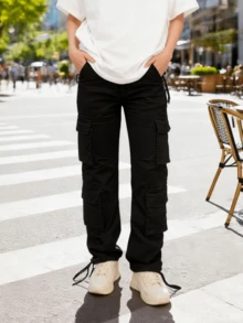 Cargo Pants For Women Casual High Waisted Solid Color Pants Baggy Y2k Straight Wide Leg Pants With Pockets Streetwear Sweatpants - 黑色 - 查看 8
