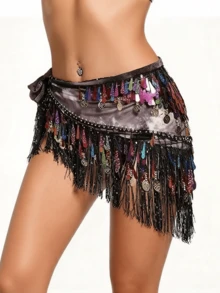 女士肚皮舞流苏臀巾带亮片和硬币装饰臀腰链适合舞蹈表演狂欢节对练舞配饰 - 彩色 - 查看 21